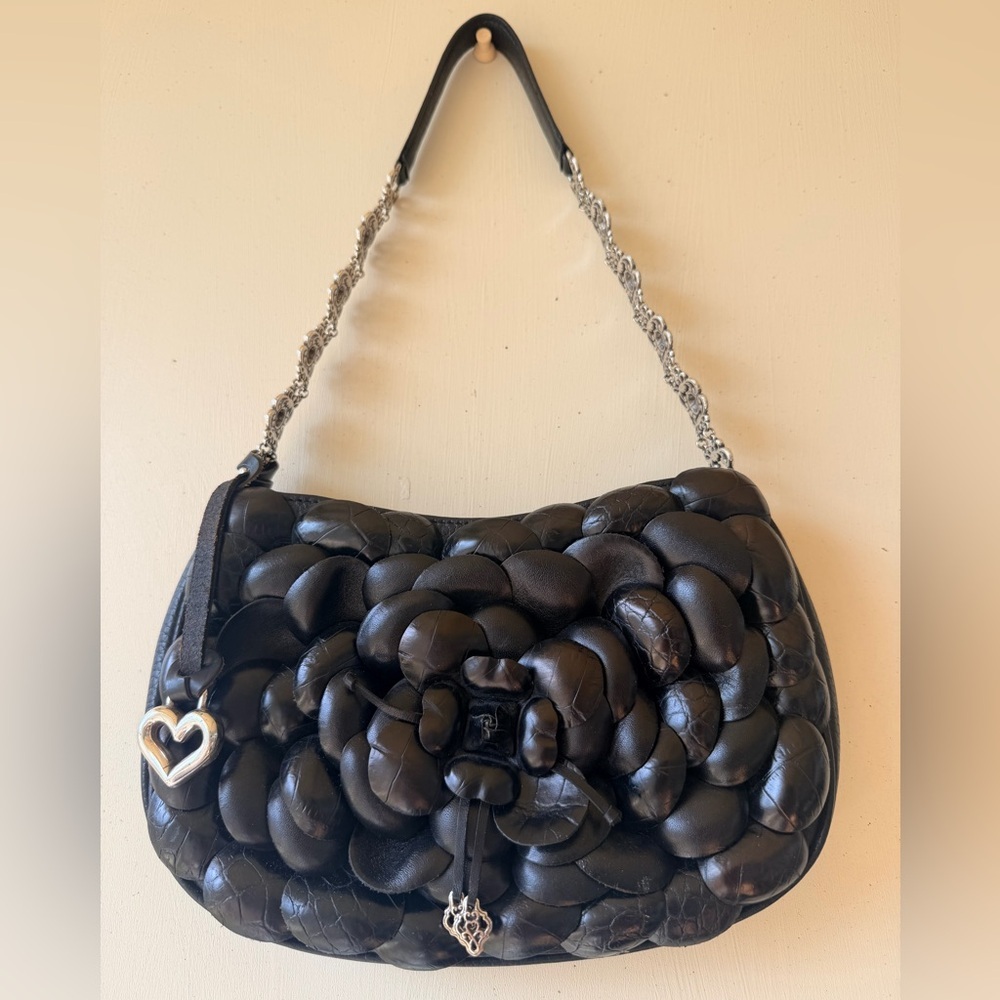 Brighton Black Leather Rosette Floral Shoulder Bag|Ornate Filigree Chain strap 🖤